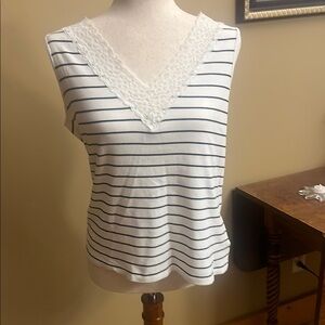 Ralph Lauren White and Black Striped Sleeveless Tank Top with Lace Trim